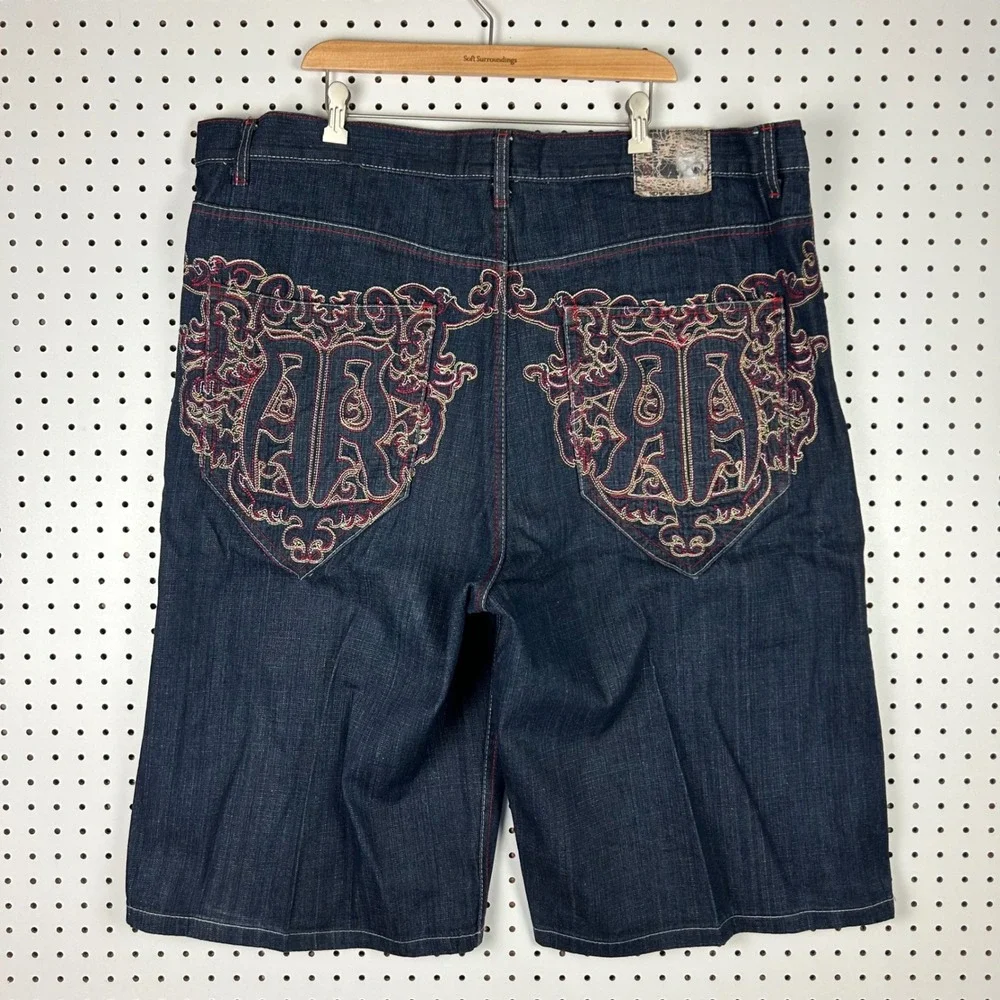 Red Ape Authentic Denim Shorts Size 46 Embroidered Baggy Y2K Hip Hop Gothic Blue